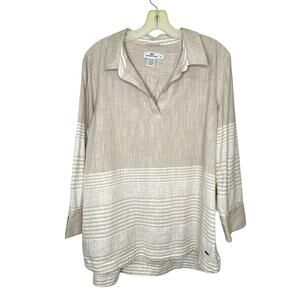 Vineyard Vines Beige White Striped 3/4 Sleeve Notched V-Neck Tunic Blouse